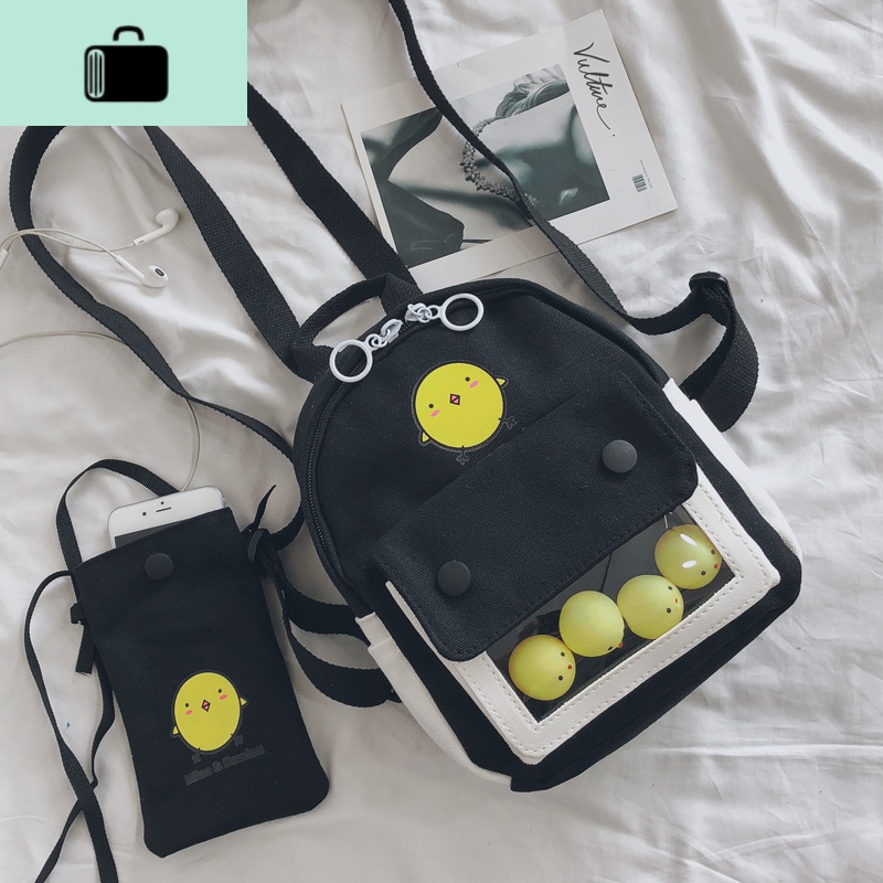 双肩包女2019新款时尚韩版ins超火撞色小鸡帆布背包可爱软妹书包NEW LAKE 黑色