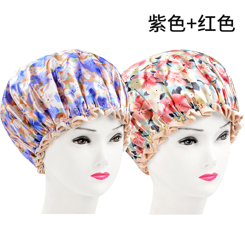 韩式双层加大加厚女士成人防水洗澡浴帽 洗头做饭防污防油帽 三维工匠 紫色+红色[双层加厚防水防油]高清大图