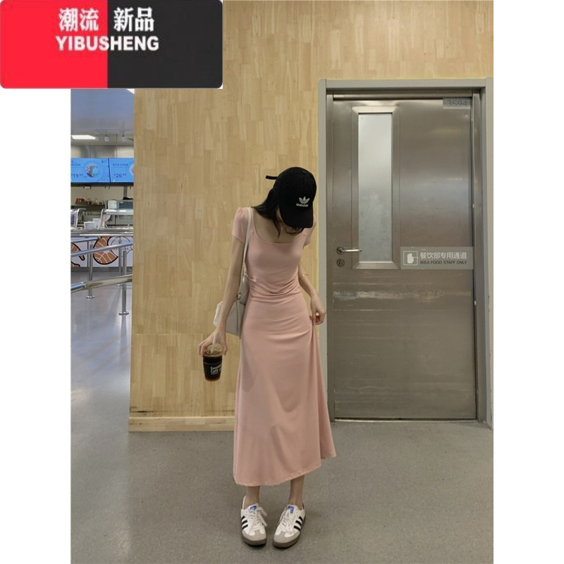 YIBUSHENG季新款女方领短袖连衣裙小个子法式收腰修身包臀裙中长款连衣裙