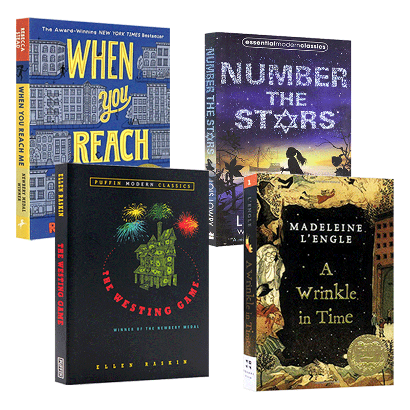 [醉染正版]英文原版小说 Newbery 纽伯瑞金奖小说4册 时间的皱折 当你到达我 数星星 威斯汀游戏 科幻推理原版少高清大图