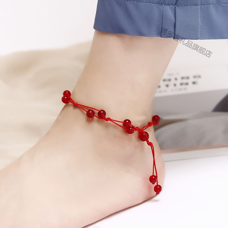 手工脚链女男士红绳编织玛瑙铃铛复古学生黑色脚链饰品女