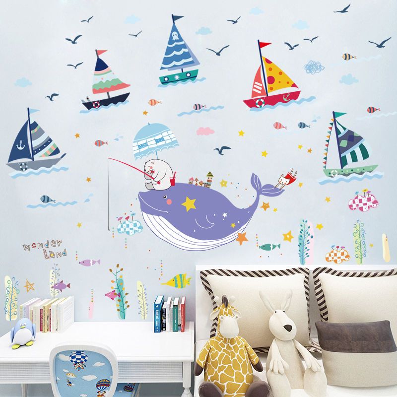 卡通海底贴画儿童房卧室墙面装饰幼儿园海洋墙贴小鱼ins贴纸W0|帆船4-1-A2+海洋鲸4-2-D8