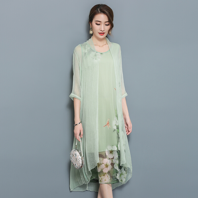 2018夏季印花开衫连衣裙两件套宽松外套+背心裙套装女夏浅绿色