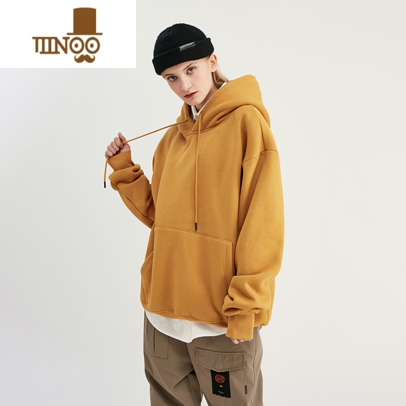 YANXU2023新款美式纯色卫衣时尚潮牌情侣加绒套头连帽长袖上衣男女高清大图
