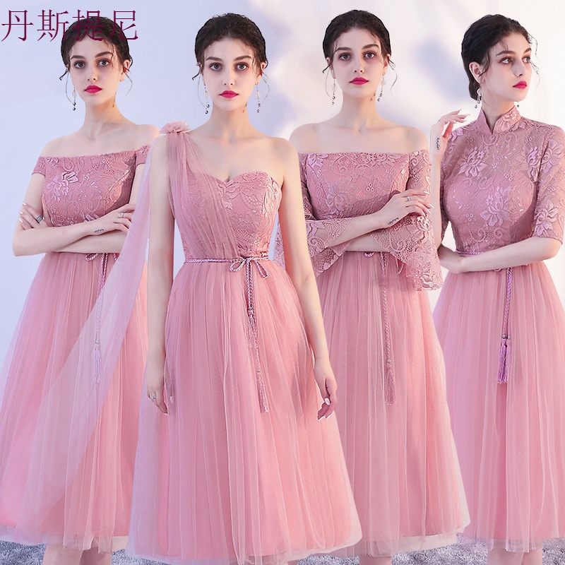 豆沙色伴娘礼服女2018新款韩版姐妹团伴娘服中长款伴娘裙洋装礼服