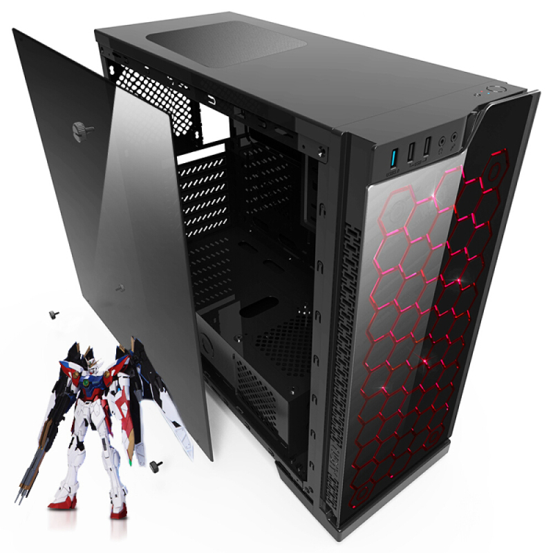 爱国者aigo炫影黑电脑机箱配3把发光风扇支持atx主板蜂窝玻璃面板背线