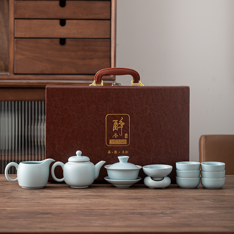 苏氏陶瓷(SUSHI CERAMICS)汝窑茶具套装可开片可养的汝瓷三才盖碗功夫茶杯泡茶壶茶具礼盒装