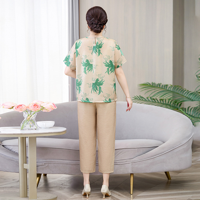 纤孜雅 夏季妈妈印花短袖套装新款中老年加肥加大上衣裤子两件套洋气高清大图