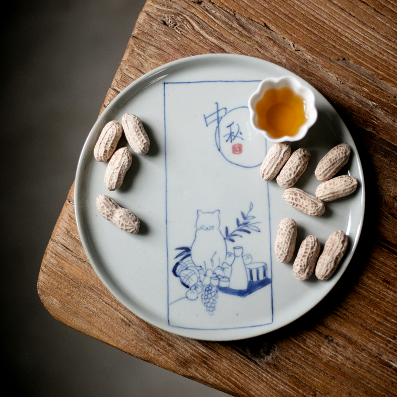 美帮汇猫肥家润手绘青花茶盘果盘茶托小猫干泡盘盘子壶承壶托杯托茶台高清大图