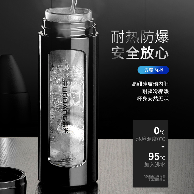富光(FGA)玻璃杯双层大容量耐热水杯便携男女家用加厚茶杯车载办公杯子 经典款蓝色750ml[赠杯刷杯套]