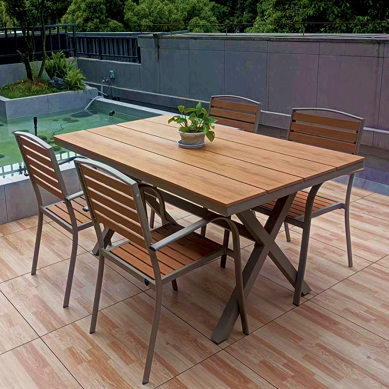 室外防水防晒户外桌椅庭院阳台休闲餐桌外摆露台椅子 6椅+130*80cm长桌高清大图