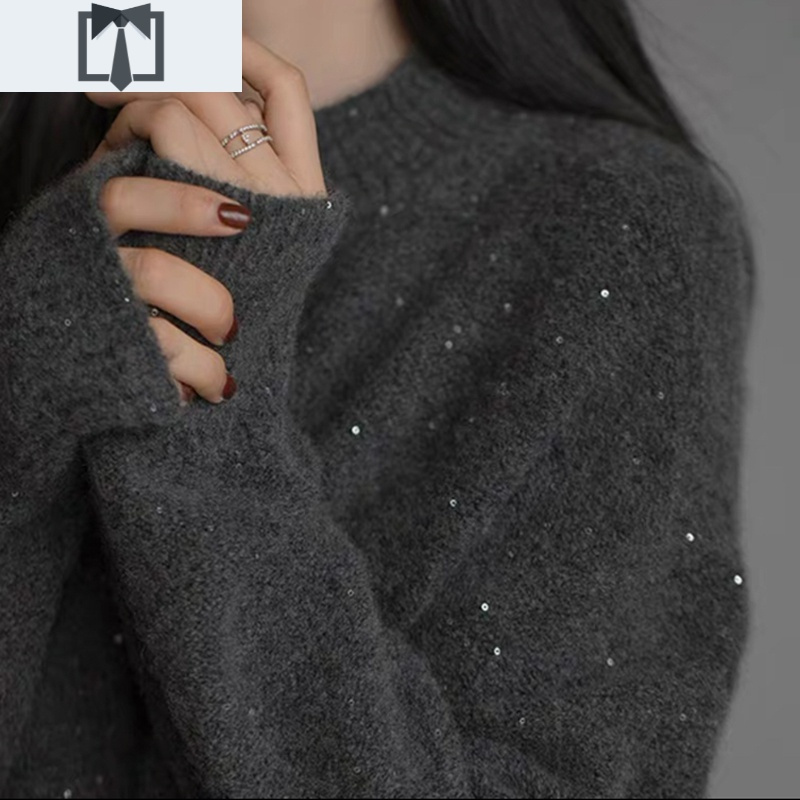 suntek浣熊绒灰色星空亮片毛衣女春秋高级感宽松慵懒套头针织衫外穿