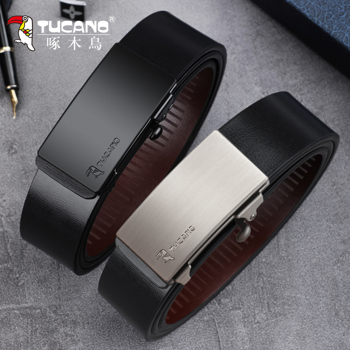 啄木鸟皮带男士真品无牙内穿自动扣腰带时尚商务无卡槽牛仔皮皮牙高清大图