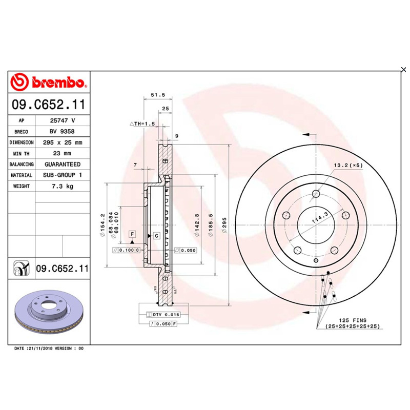 布雷博(brembo)前盘09.C882.11适配途锐(7LA)/06-15款奥迪Q7(4L)/02-18款卡宴(对装)