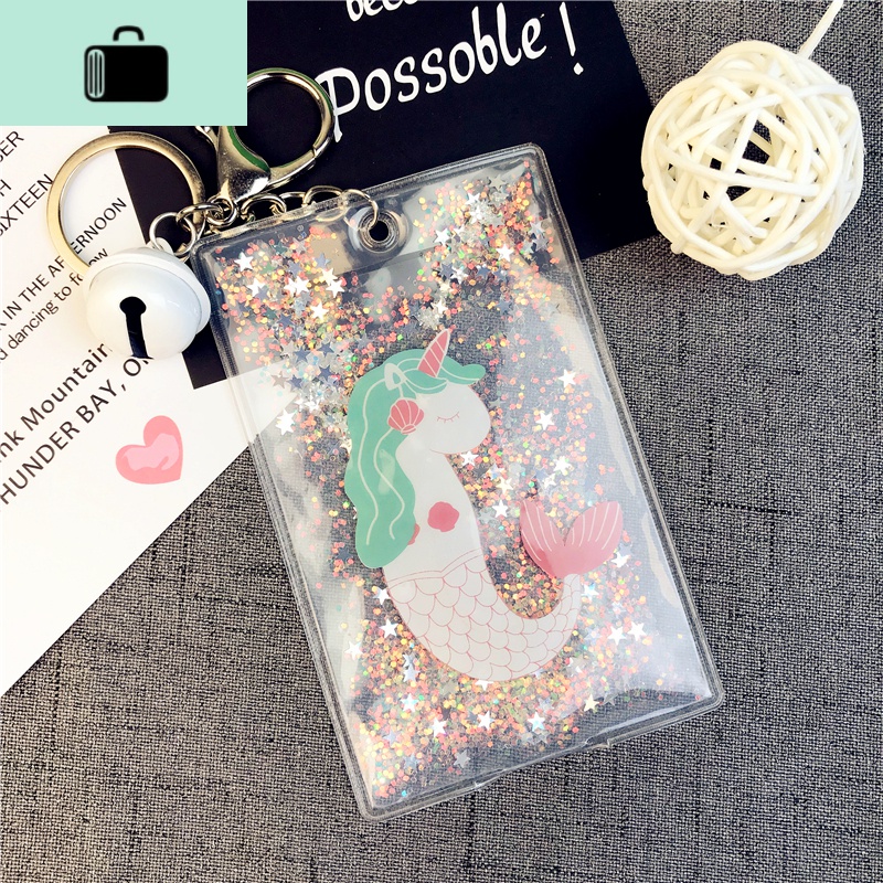 学生校园卡套公交饭卡套带挂绳卡包女式超薄小巧少女可爱卡套NEWLAKE 流沙独角兽a白铃