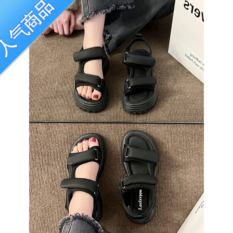 SUNTEK凉鞋女2023新款夏季松糕厚底增高休闲运动魔术贴罗马沙滩鞋配裙子高清大图