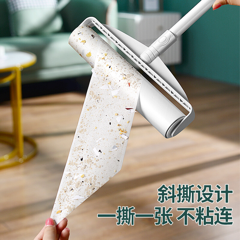 长柄粘毛器滚筒大号地板地毯清洁宠物毛发粘尘滚筒可撕式替换卷纸加长杆沾毛滚刷高清大图