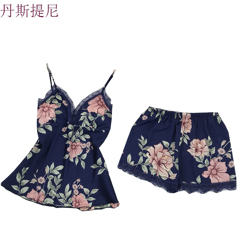 韩版新款春秋女神睡衣女冰丝绸印花两件套露背带短裤家居服夏季
