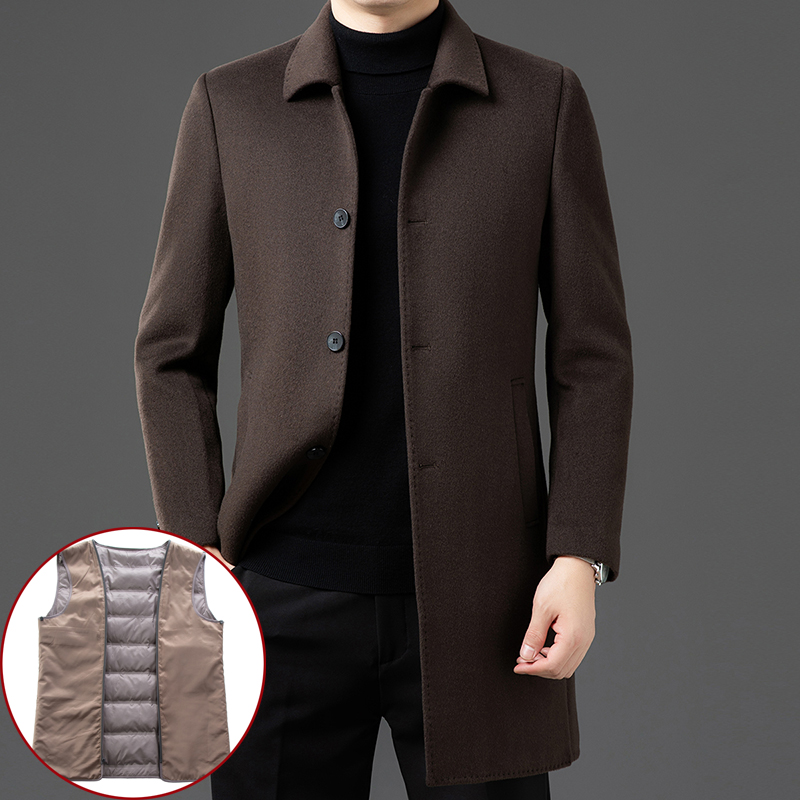 双面呢鹅绒内胆男士羊绒大衣羽绒内胆可拆卸中青年羊毛呢子中长款外套爸爸针织上衣服活里活面鹅绒内胆风衣中老年羽绒外套大码冬装 翻领咖色双面呢+鹅绒内胆 170\88