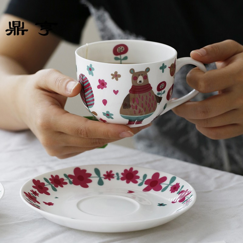 鼎亨 北欧风骨瓷咖啡杯碟套装 可爱燕子与熊英式创意红茶杯家用