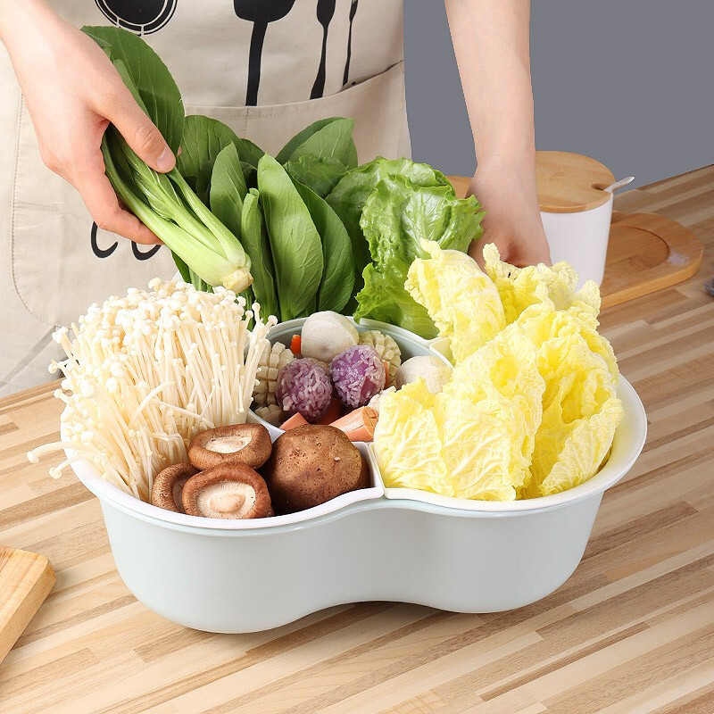 拜杰火锅拼盘沥水篮厨房家用分格洗菜沥水篮塑料双层洗菜篮 火锅洗菜沥水盆