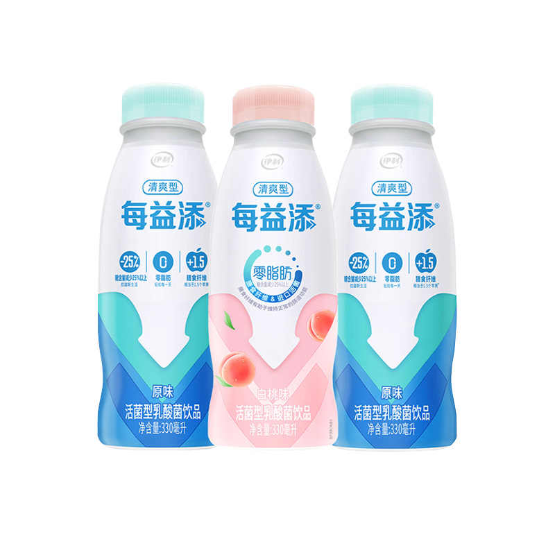 伊利每益添活性乳酸菌0脂肪白桃味小白乳含乳饮料330ml*7瓶