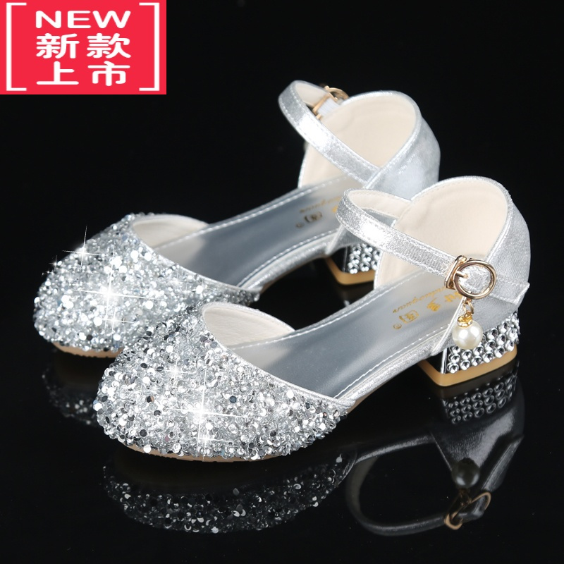 可莉允女童皮鞋儿童水晶公主鞋银色女孩走秀钢琴晚礼服高跟鞋舞台演出鞋运动休闲鞋