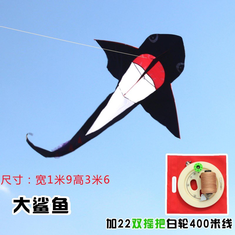 潍坊风筝 大型大鲨鱼风筝 儿童卡通风筝正品 带线轮 微风易飞创意 三维工匠 大鲨鱼双摇把28白轮1000米高清大图