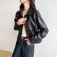 海宁2025春季新款真皮植鞣绵羊皮皮衣女短款修身显瘦皮夹克外套 L105—115斤 黑色植鞣油蜡