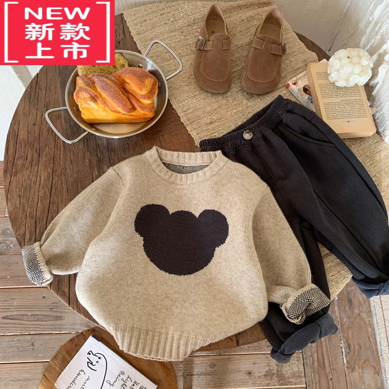 可莉允儿童毛衣2022秋冬季新款男童熊头套头针织衫宝宝韩版舒适圆领上衣