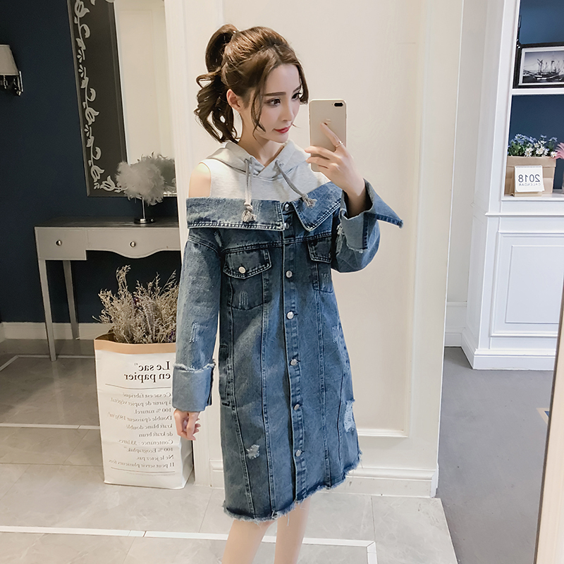 2018新款露肩连帽拼接复古做旧磨破毛边牛仔连衣裙女