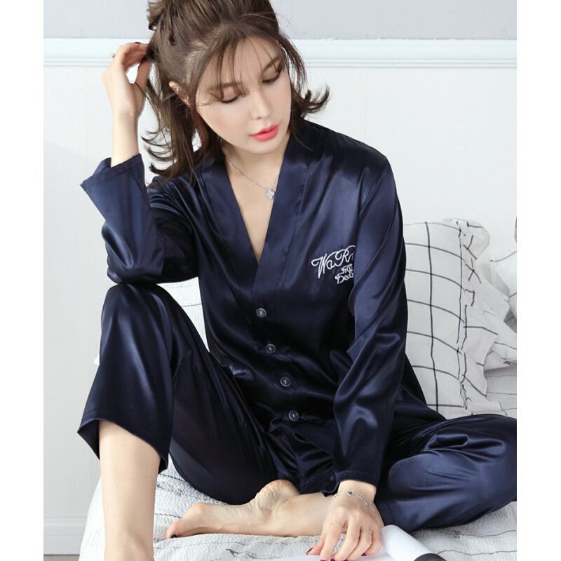 春夏秋季纺真丝情侣睡衣女士韩版休闲冰丝绸长袖套装家居服男大码
