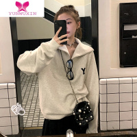 YUNWUXIN冬季加绒polo领卫衣女美式复古潮牌ins加厚宽松刺绣高领上衣