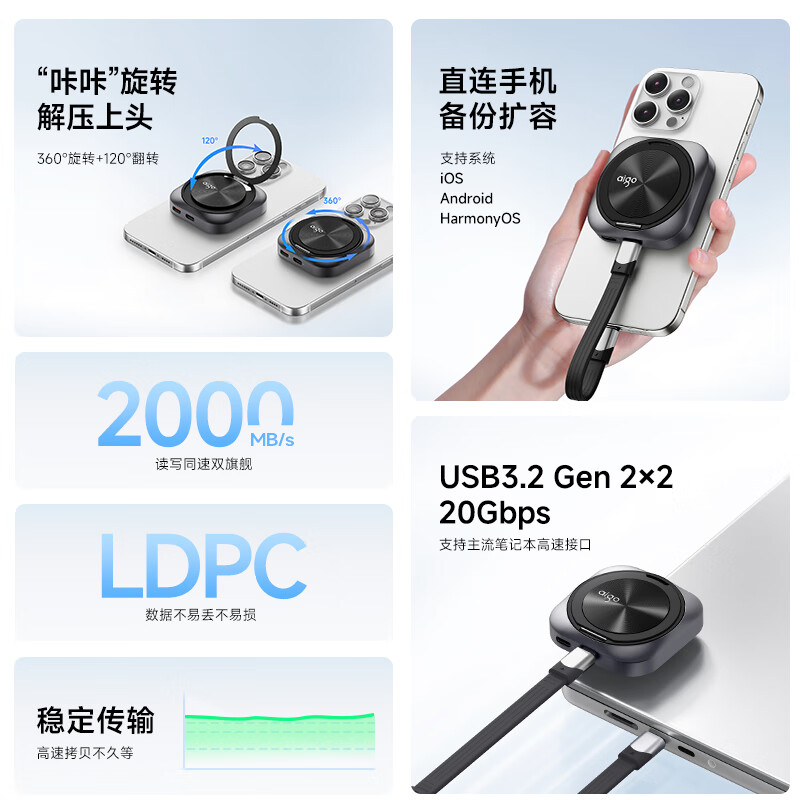 爱国者(aigo)500GB 磁吸移动固态硬盘(PSSD)P5S USB3.2高速读取2000MB/S 手机支架PD供电