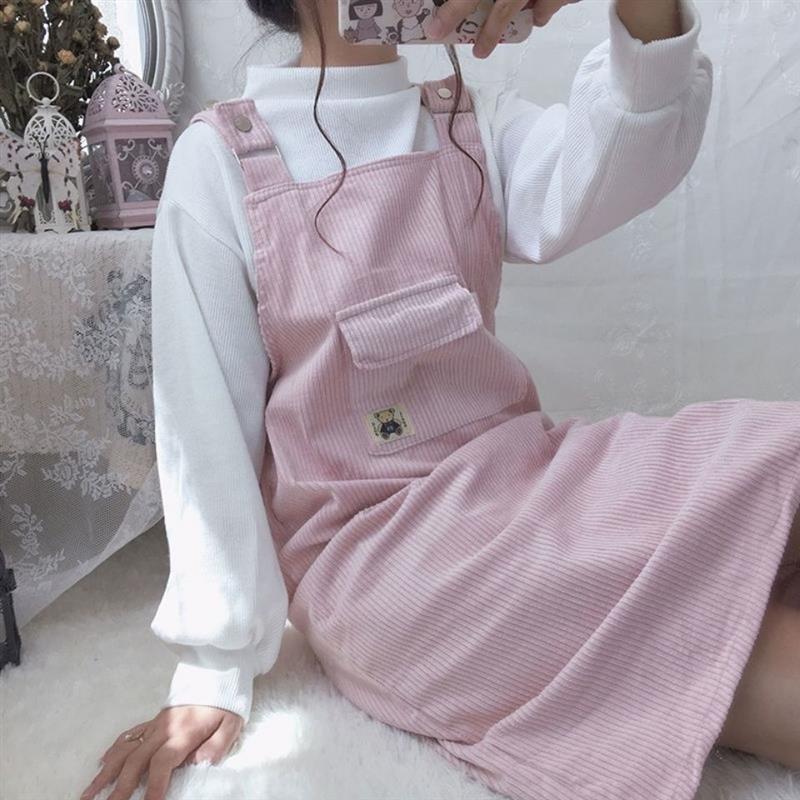 两件套新款学院风灯芯绒背带连衣裙子女内搭打底针织衫套装