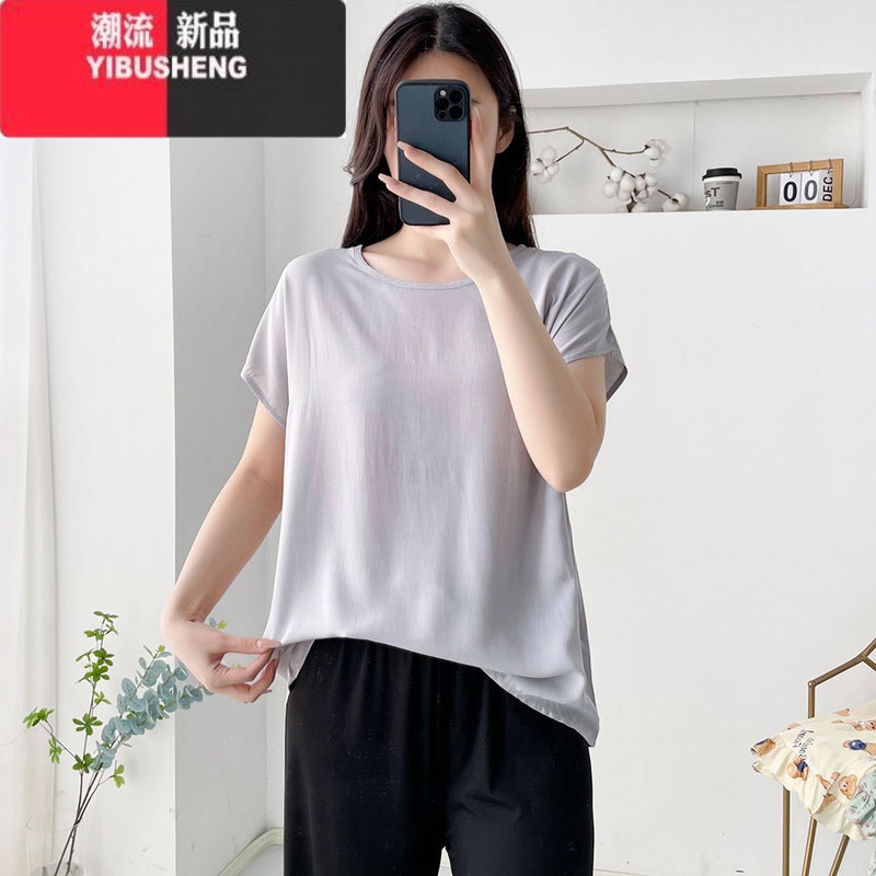 YIBUSHENG棉绸上衣女2024季新薄款宽松显瘦韩版短袖胖mm大码人造棉T恤衫高清大图