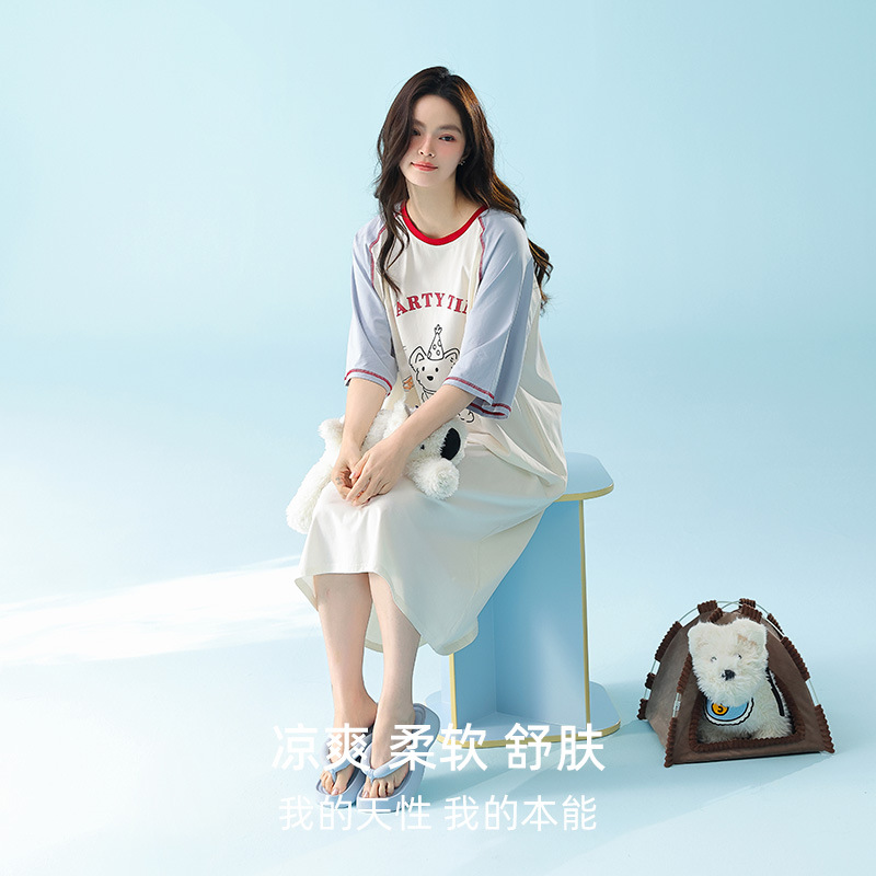 米奇喵[超柔软]软糯莫代尔撞色睡裙女夏卡通小狗印花宽松短袖家居长裙 卡通印花宽松长裙 款式尺码备注高清大图