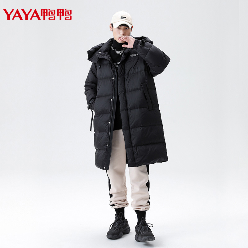 鸭鸭90鸭绒男士羽绒服中长款时尚连帽冬季休闲加厚潮流外套