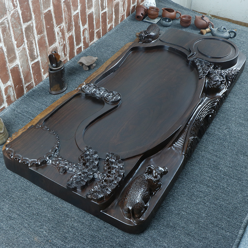铭陶满堂整块实木黑檀木茶盘家用原木雕刻纯手工茶海茶托牛转乾坤