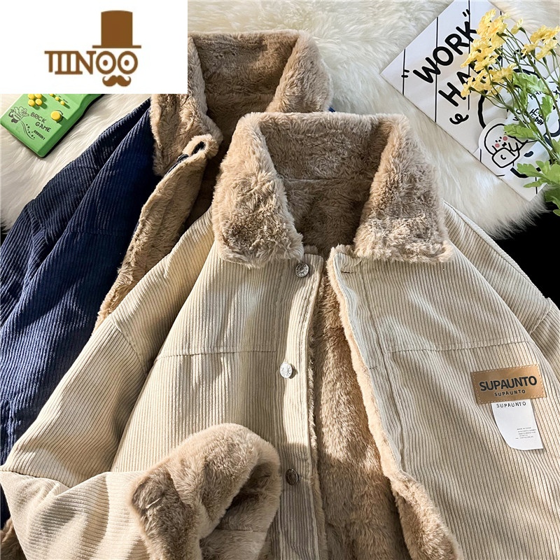 YANXU日系复古灯芯绒棉服男冬季加绒加厚羔毛外套翻领贴标设计感棉袄高清大图