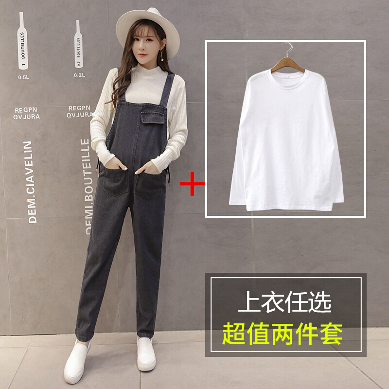 迪鲁奥(DILUAO)孕妇连体裤春秋新款时尚洗水牛仔背带裤宽松春秋外穿孕妇两件套装