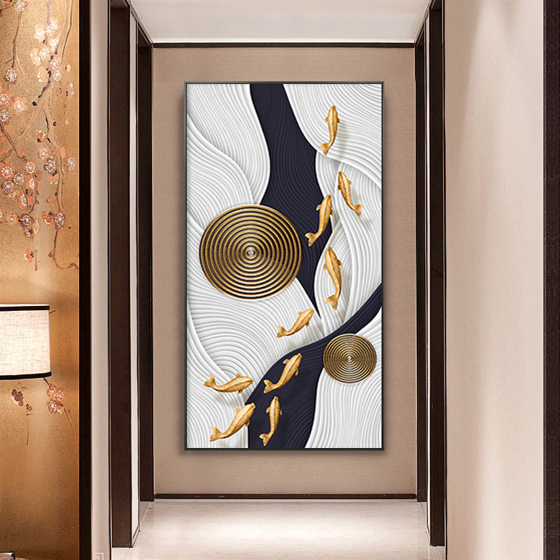 现代中式玄关装饰画九鱼图挂画客厅沙发背景轻奢壁画风水墙画