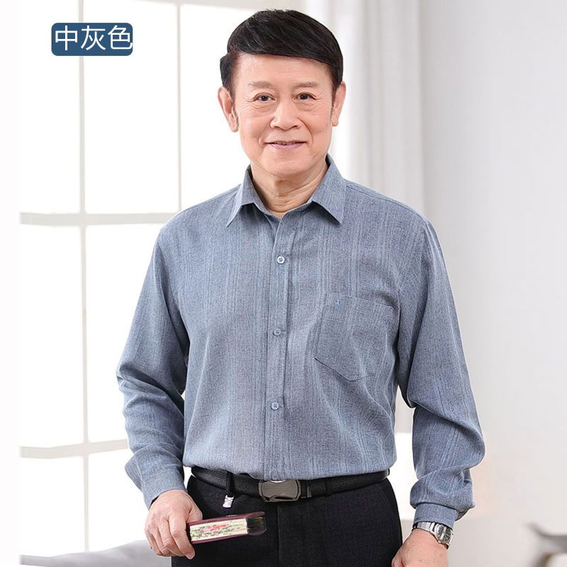 春夏新款棉麻长袖衬衫男中老年人爷爷爸爸装老头亚麻宽松衬衣薄款 深灰色 39/M[90-115斤]