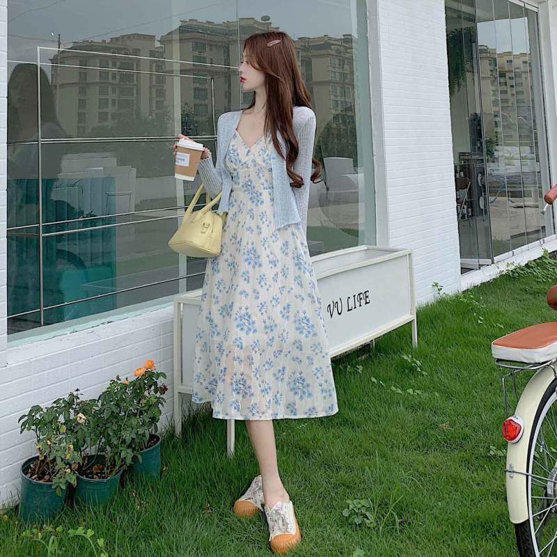 美动态大码女装胖mm2022夏季新碎花吊带套装裙显瘦针织衫两件套装