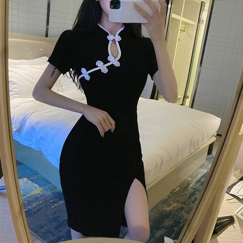 艳如飞中国风旗袍排扣连衣裙夏季修身气质女装复古开叉黑色中长款包臀裙连衣裙