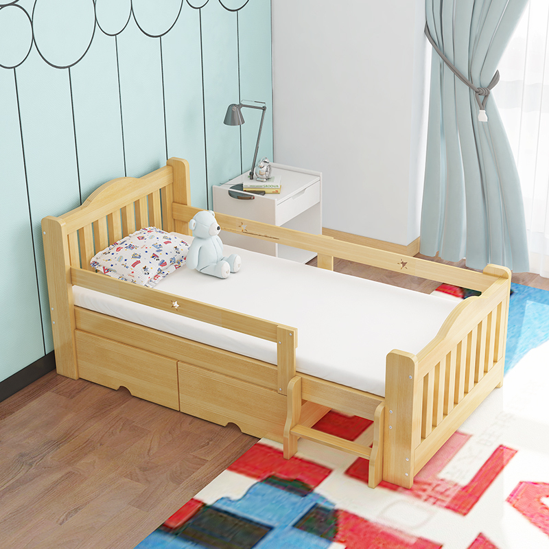 美帮汇儿童床拼接床儿童实木床带护栏男孩床女孩床松木床定制床 无漆侧梯款150*80*40 其他带2个抽屉