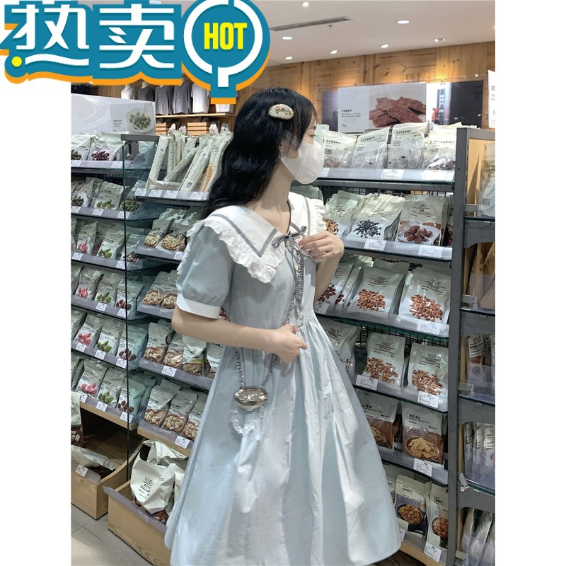 绿彩虹光女大童连衣裙夏装娃娃领学院风短袖初中生公主风160韩版12岁裙子