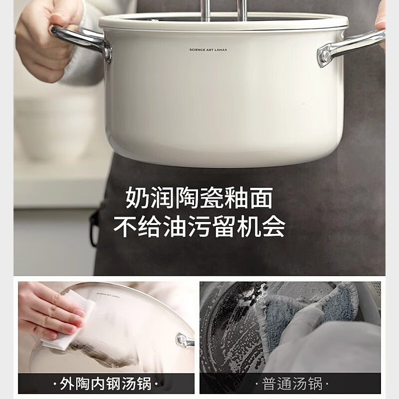 中科德马克 DUMIK无涂层316陶瓷不锈钢汤锅家用燃气电磁炉蒸煮炖锅双耳煮锅不粘锅 陶瓷不锈钢汤锅 24cm