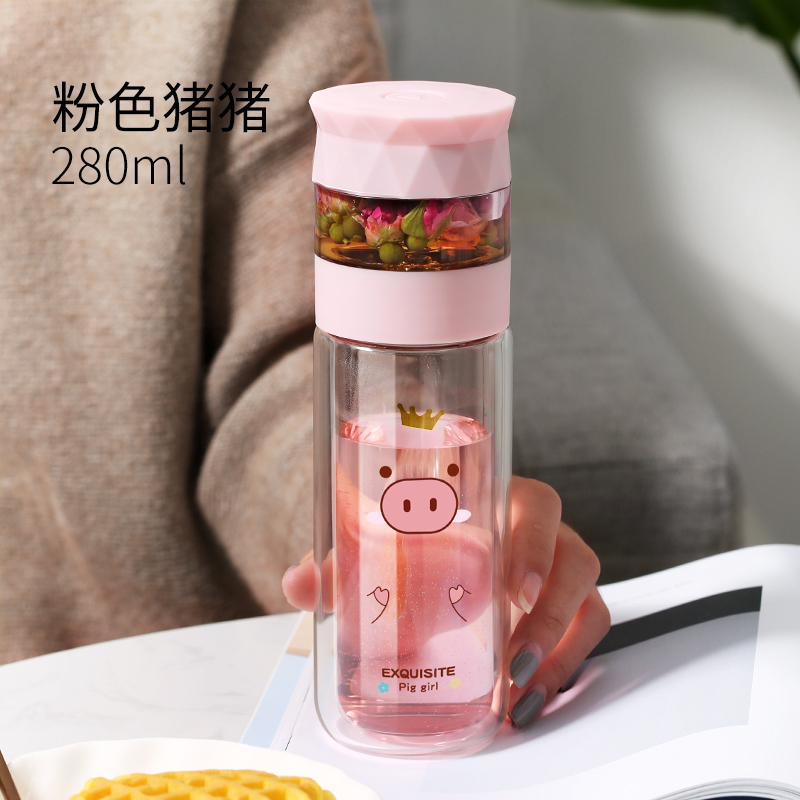 家柏饰(CORATED)双层茶水分离玻璃杯女便携茶叶泡茶杯水杯好看的杯子 粉色猪猪-280ml高清大图