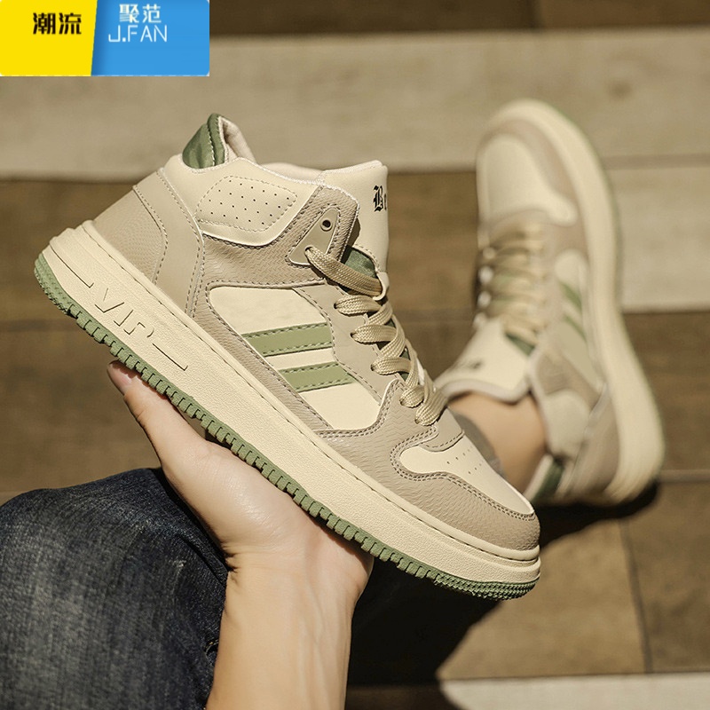 聚范高帮男鞋2024新款秋季百搭男士复古运动防滑板鞋厚底增高休闲潮鞋高清大图